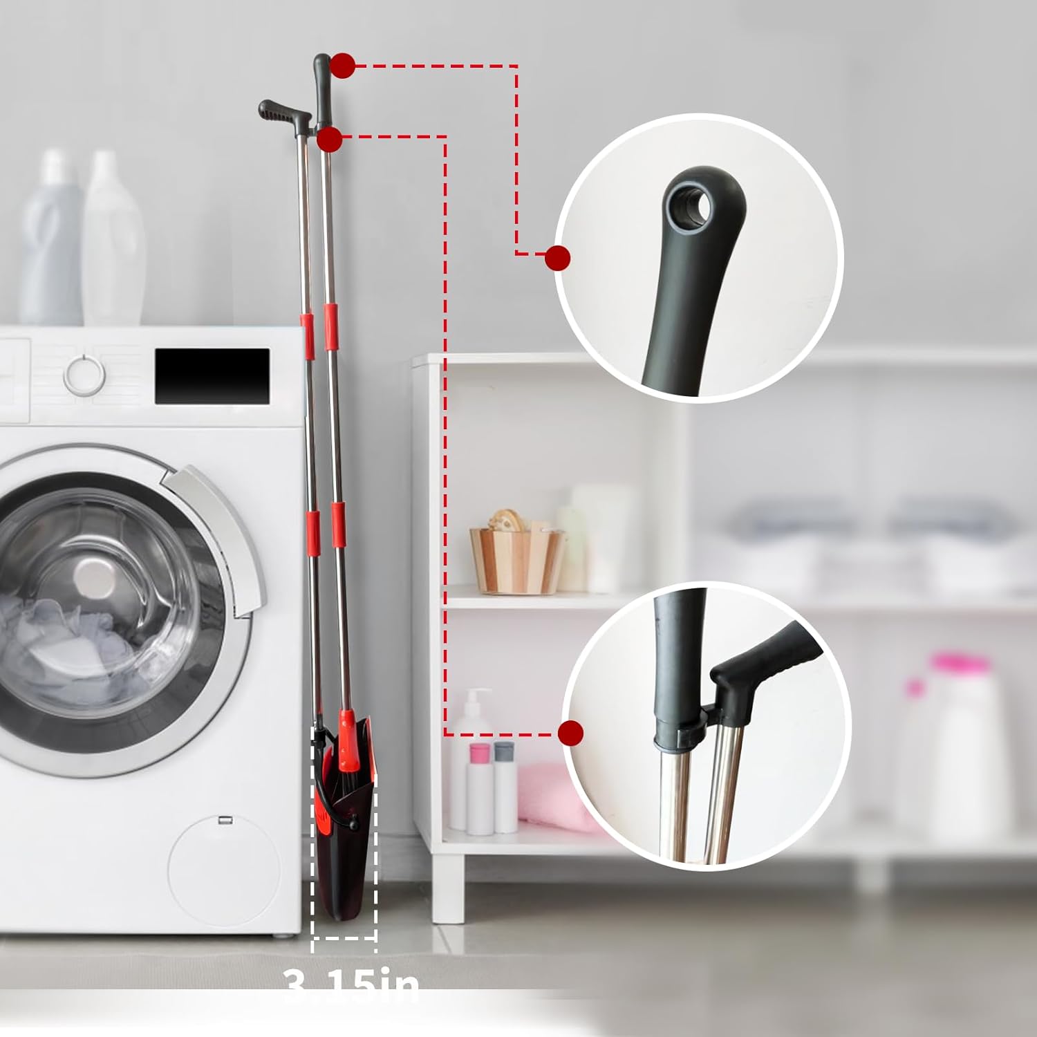 Broom with Dustpan Combo Set 54 Long Handle Adjustable Length Stainless Steel Broomstick Standing Dust Pan and Broom Set for Office Home Kitchen Lobby Floor Cleaning (Red and Black)
